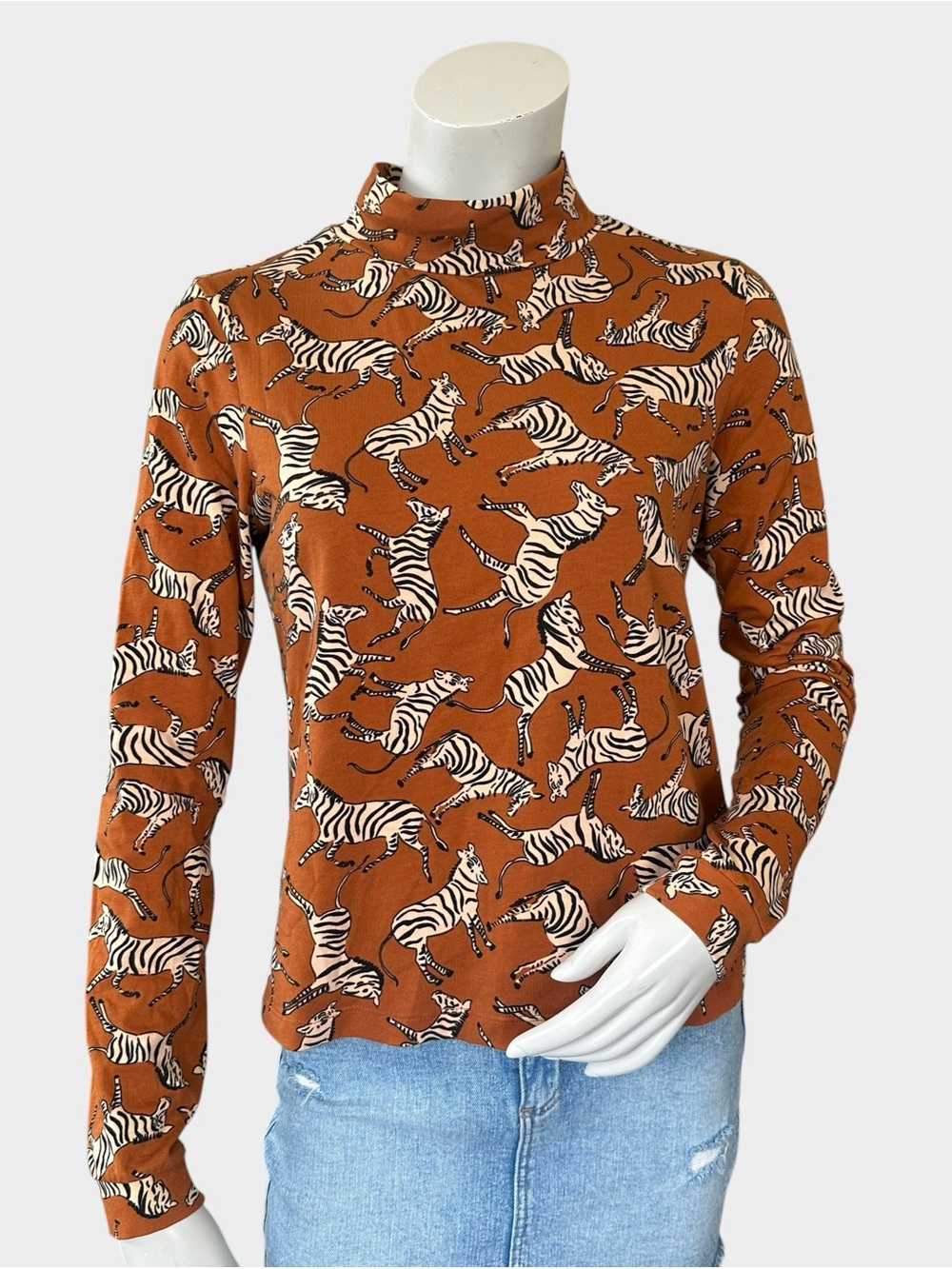 Anthropologie Maeve Ochre Mockneck Novelty Animal Zebra Print LS Top Size Small